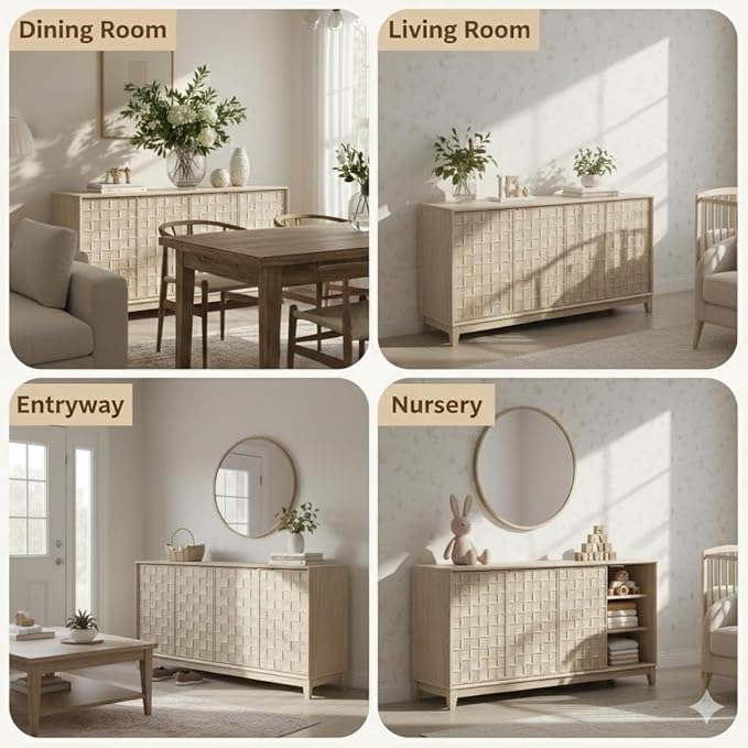 Mid-Century Sideboard Buffet Cabinet with 6×10 Embossed Checkerboard Doors, Adjustable Shelves & Soft-Close Hinges, Modern Storage Cabinet for Dining Room, Living Room, Entryway – Oak White Finish