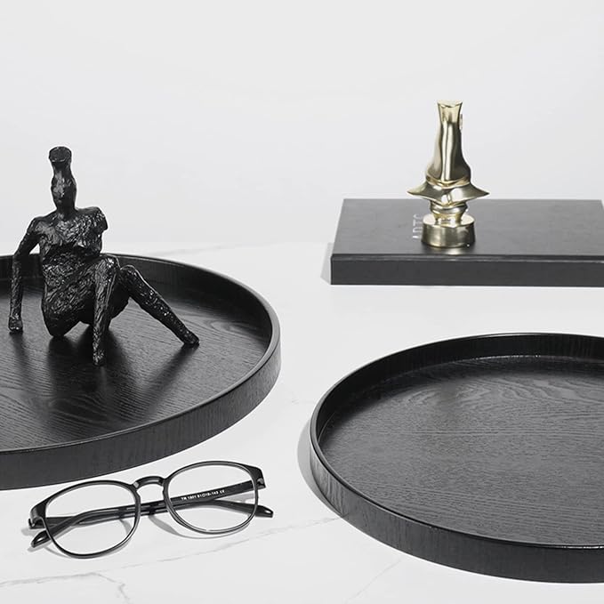 Round Solid Wood Serving Tray Extra Large Tea Coffee Snack Food Meals Serving Plate Non-Slip Kitchen Party Bar Server Ottoman Tray Breakfast Tray with Raised Edges (15inch/37.5cm) Black