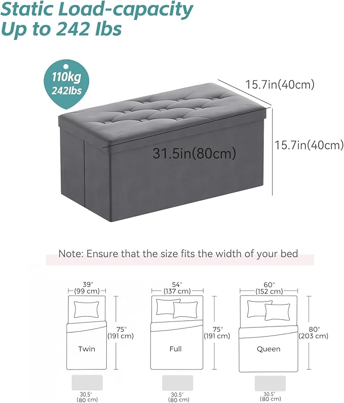 BRIAN & DANY Folding Storage Ottoman Bench, Ottoman with Storage, Foot Rest, Benches Seat for Bedroom, Living Room, Entryway, Long Shoes Bench, 15.7" x 31.5" x 15.7" Gray