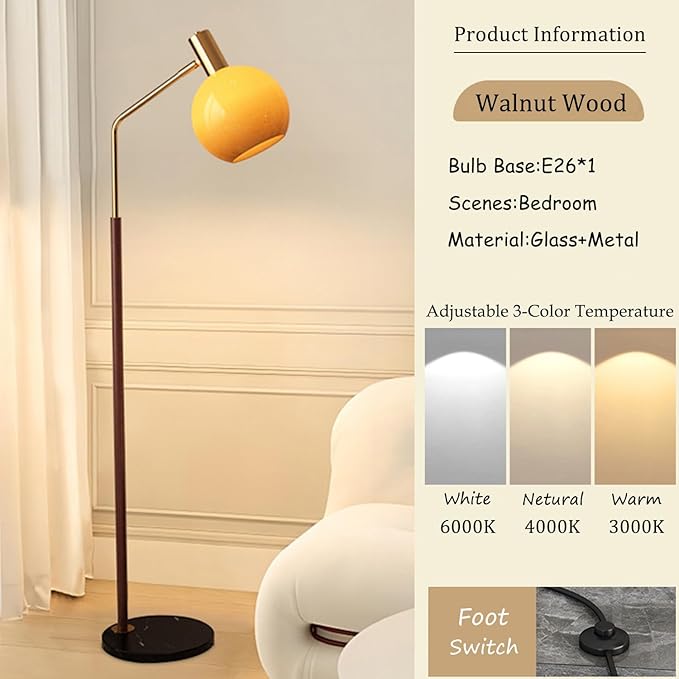 MIXL-Walnut Wood Finish Floor Lamp with Orange Shade,Dimmable Led Glass Standing Lamp,Farmhouse Style Floor Reading Lamps for Living Room Bedroom and Office