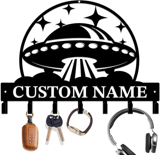 Personalized Custom Alien UFO Metal Wall Keys Hooks,Clothes Hooks Alien UFO Art Coat Racks,Door Holder,Black Alien UFO Decorations for Home,Entrance Doors,Hallway, Bedroom,Keys,Hats (Style F)