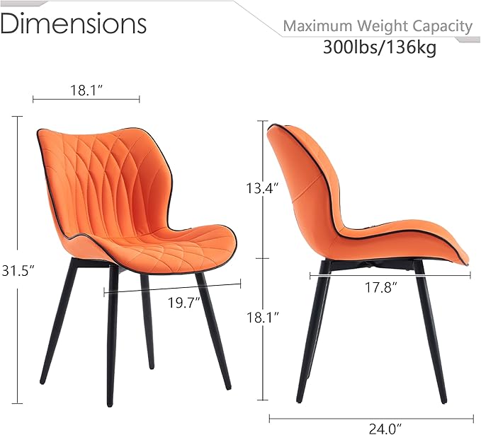 Kidol & Shellder Modern Dining Chairs Set of 2 Comfy Dining Room Chairs with Thick Cushions PU Leather Upholstered Kitchen Side Chairs with Metal Legs Orange