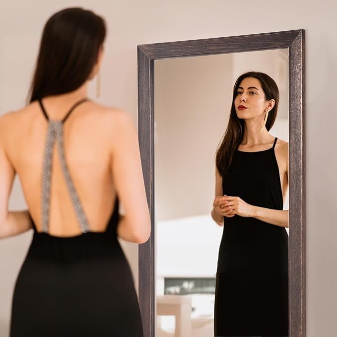 MELOMOIR Rustic Farmhouse Full Length Mirror, 64"x21" Wood Frame Floor Mirror, Free Standing Leaning Hanging, Long Mirror for Bedroom Living Room Cloakroom, Charcoal-Grilled Brown