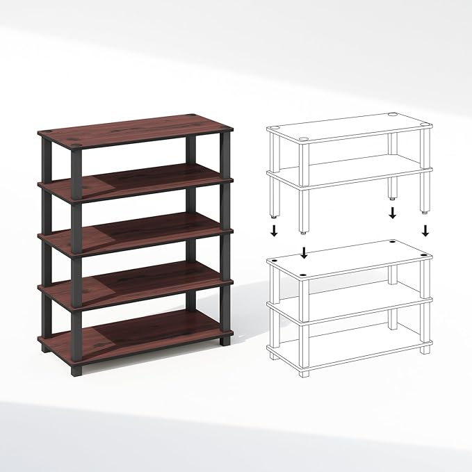 Furinno Turn-S-Tube Storage Shelves Set of 2, 3-Tier Stackable Standing Shelf, Open Corner Shelf, for Organization and Storage, Living Room, Garage, Home Office, Dark Cherry