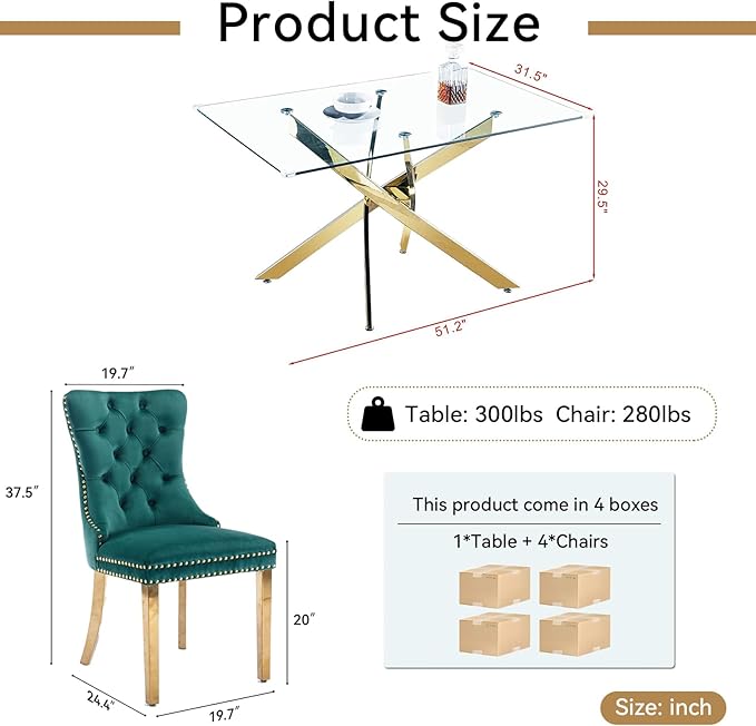 Goujxcy 51" Glass Dining Table Set for 4, Modern Kitchen Table and Chairs Set w/Steel Legs, 5-Piece Dining Table Set w/Glass Gold Dining Table and 4 Green Velvet Chairs for Kitchen Dining Room