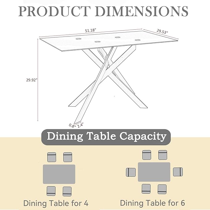 SSLine 51'' Silver Glass Dining Table Set for 4,5 Piece Kitchen Table and Chairs Set with Metal Legs and 4 PU Leather Dining Chairs for Kitchen Room Small Spaces
