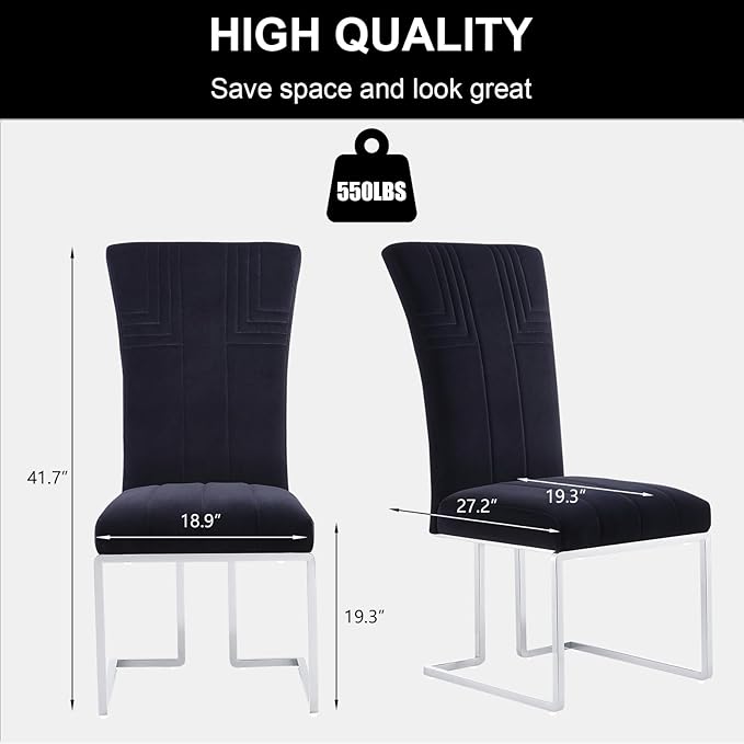 AUZ Dining Chairs Set of 10, Black and Silver Dining Chair with Velvet Upholstery and Mirrored Silver Sled Legs