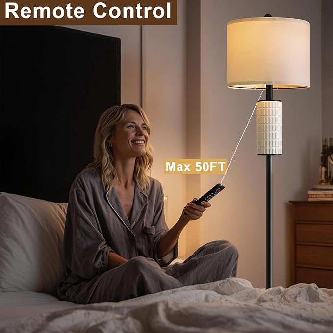 PoKat Ceramic Floor Lamp with Remote, 64" Modern Floor Lamps for Living Room with Stepless Dimmable Colors Temperature, Tall Standing Lamp for Living Room Bedroom Office, 9W Bulb Included, Black