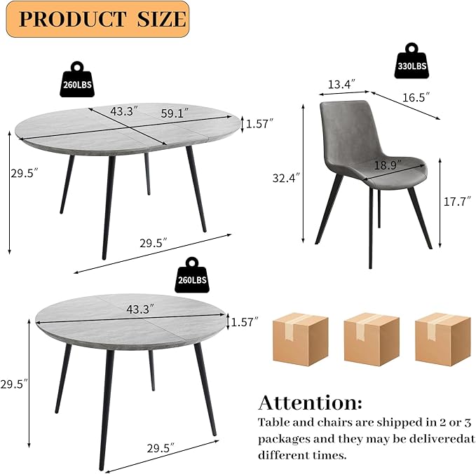 43.3"-59.1" Extendable Dining Table Set with Metal Legs, Wooden Round Kitchen Table for 4-6 Person, Gray Coffee Table w/Easy-Clean Tabletop