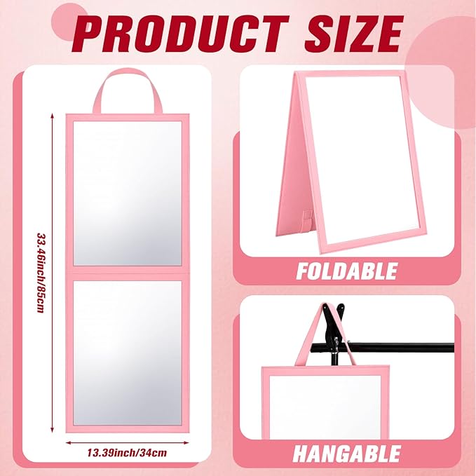 Foldable Portable Full Length Mirror for Dorm Dance Backstage Camping Travel Hanging Folding Makeup Body Mirror for Dancers Artists Home Aestheticians Spa(Pink,33.5" X 13.4")