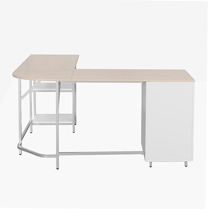 Techni Mobili L Shaped Desk - Two-Toned Computer Desk with Drawers & Storage Shelves - Simple Modern Furniture & Home Office Space Corner Table for Work & Writing