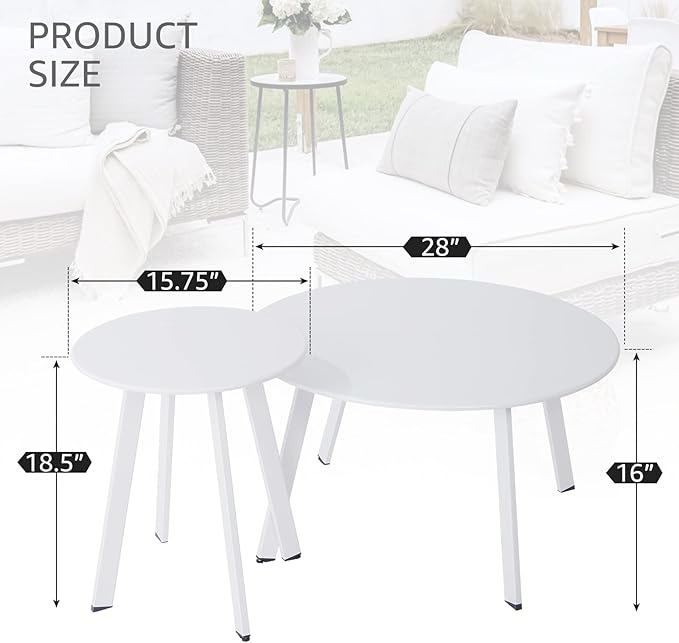 Outdoor Patio Coffee Table Set of 2, Weather Resistant End Table, Round Nesting Tables for Living Room Balcony Office, White