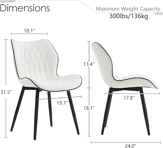 Kidol & Shellder White Dining Chairs Set of 2 Modern Kitchen Chairs with Back Armless Accent Chairs for Living Room Upholstered Faux Leather Chair Mid Century Comfy Side Chair with Metal Legs