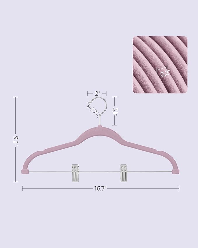 SONGMICS 30-Pack Pants Hangers, 16.7-Inch Long Velvet Hangers with Adjustable Clips, Heavy-Duty, Non-Slip Skirt Hangers, Space-Saving for Pants, Skirts, Coats, Dresses, Pale Purple UCRF012GP30