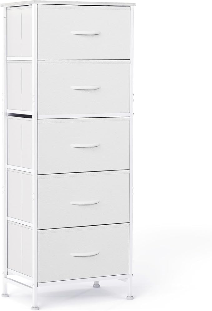 DUMOS Nightstand with 5 Drawers Bedside Table with Removable Fabric Bins Sturdy Steel Frame Wood Top Organizer Furniture for Bedroom Closet Living Room, White