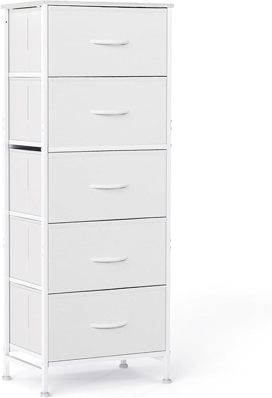 DUMOS Nightstand with 5 Drawers Bedside Table with Removable Fabric Bins Sturdy Steel Frame Wood Top Organizer Furniture for Bedroom Closet Living Room, White
