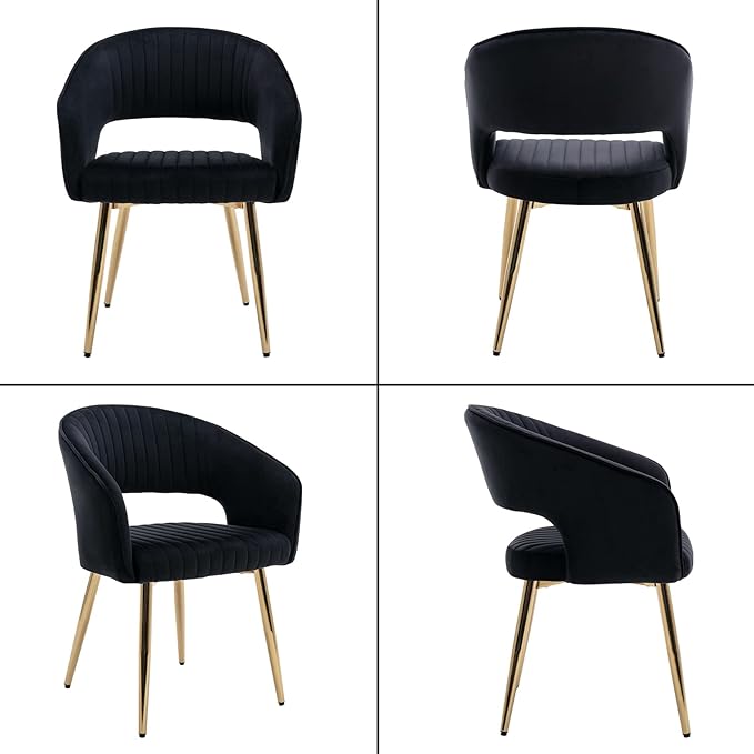 Modern Velvet Dining Chairs Set of 2, Upholstered Gold Dining Room Chairs with Hollow Back, Accent Armrest Kitchen Chairs with Gold Legs for Living Room Reception Black