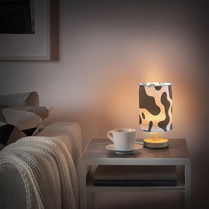 Bedside Lamp Black White Cow Print Table Lamp with USB Port Wood Base for Living Room,Bedroom,Nightstand,Office 202a3295