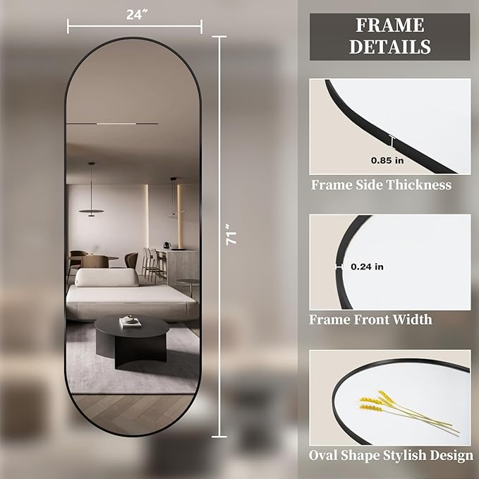 Oval Full Length Mirror, 71"×24" Wall-Mounted Floor Mirror with Metal Frame, Ultra-Clear Explosion-Proof Dressing Mirror, Simple and Classic Deco for Cloakroom/Bedroom/Living Room, Black