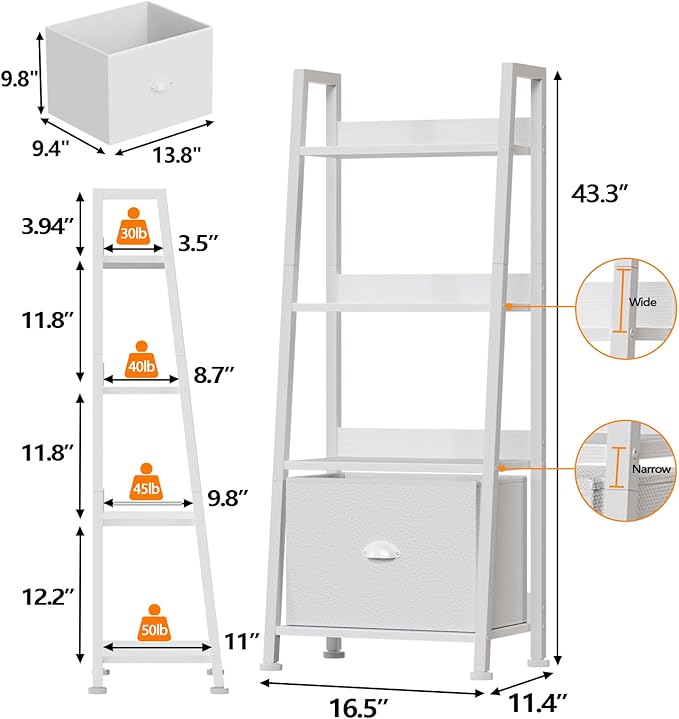 Furologee 4-Tier White Ladder Shelf, Ladder Bookshelf with Removable Drawer, Bookcase Storage Rack Organizer, Freestanding Storage Shelves for Living Room, Home Office, Bedroom