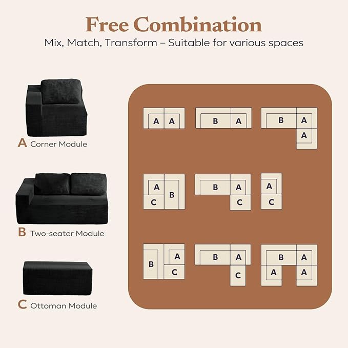 106" 3-Seater Sofa, Cloud Modular Sofa with Certified Foam, Upholstered Floor Sofa with Deep Seat, Upholstered Sofa for Bedroom Living Room, No Assembly Required (Corduroy Fabric, Black)