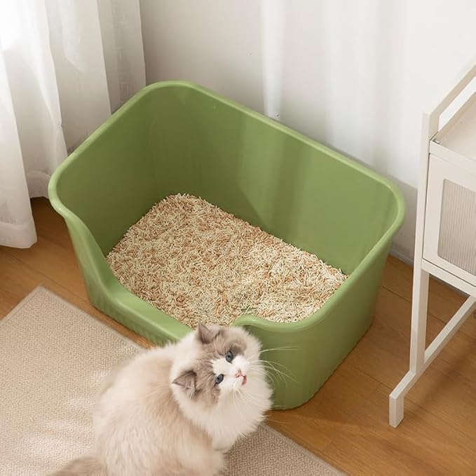 SpaceTime Large Cat Litter Box with High Sides,Cat Boxes for Indoor Cats,Cat Litter Pan for Kitty,Litter Box with Low Entry,Easy to Clean,Anti-Splashing (Green)