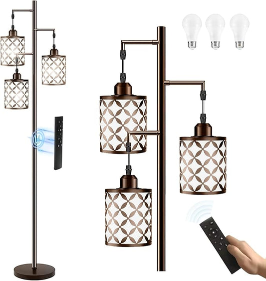 New Upgraded 72" Tall Dimmable Floor Lamp, 3 x 800LM 9W LED Bulbs Included, Farmhouse Standing Lamp with Remote Control, Industrial Tree Pole Floor Lamps for Living Room, Bedroom, Study Room - Brown