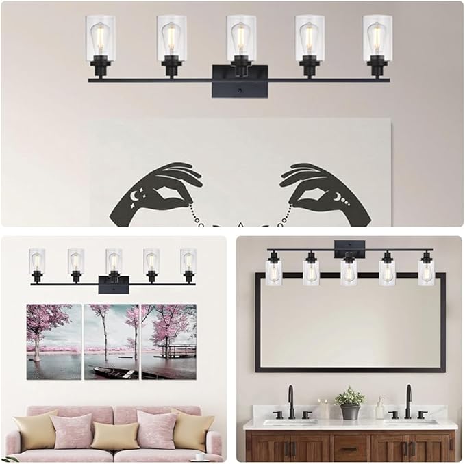 MELUCEE 40 Inches Length 5-Light Bathroom Vanity Light Fixtures Black Industrial Wall Sconce Lighting with Clear Glass Shade for Living Room Bedroom Hallway Kitchen (Patent No.: US D963914 S)