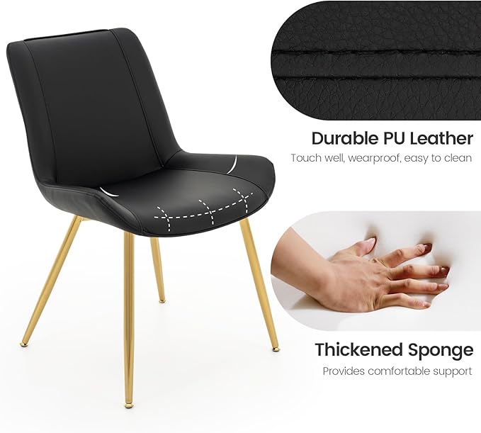 Brage Living Dining Chairs Set of 2, PU Leather Modern Armless Kitchen Dining Room Chairs, Upholstered Accent Side Chairs with Metal Legs (Black, Gold Legs)