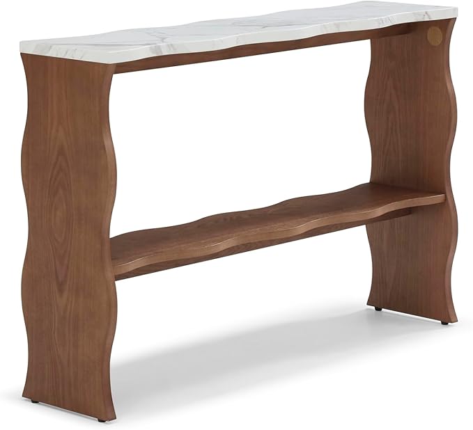 47-Inch Long Console Table, Marble Wooden Rectangular Sofa Table Behind The Couch, with Storage Shelf, Farmhouse Entryway Table for Entrance, Hallway, Living Room (Marble+Walnut)