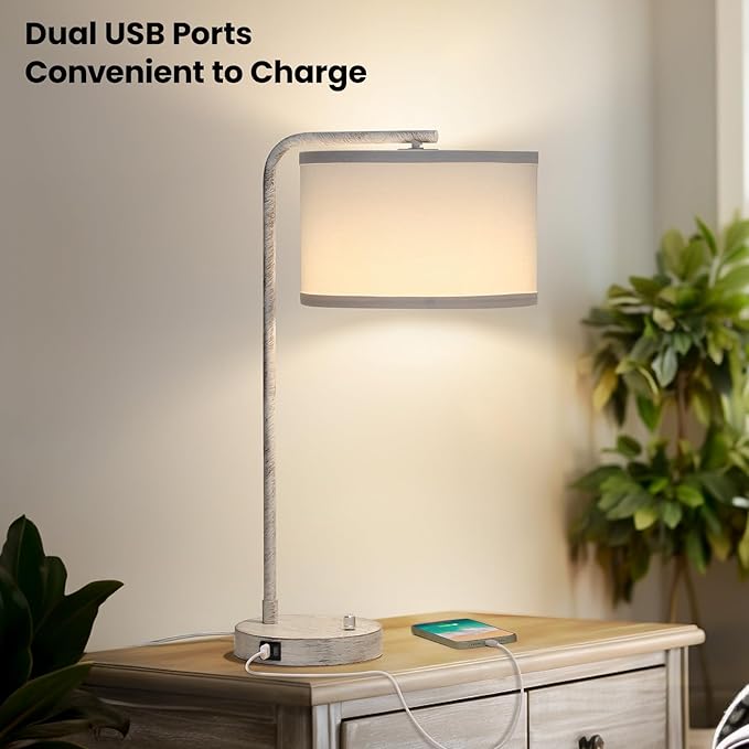 Seaside village Bedside Table Lamp with USB C+A Charging Ports, Fully Stepless Dimmable Modern Farmhouse Nightstand Lamp, Tall Reading Desk Lamp for Bedroom, Living Room, Office, 9W LED Bulb Included