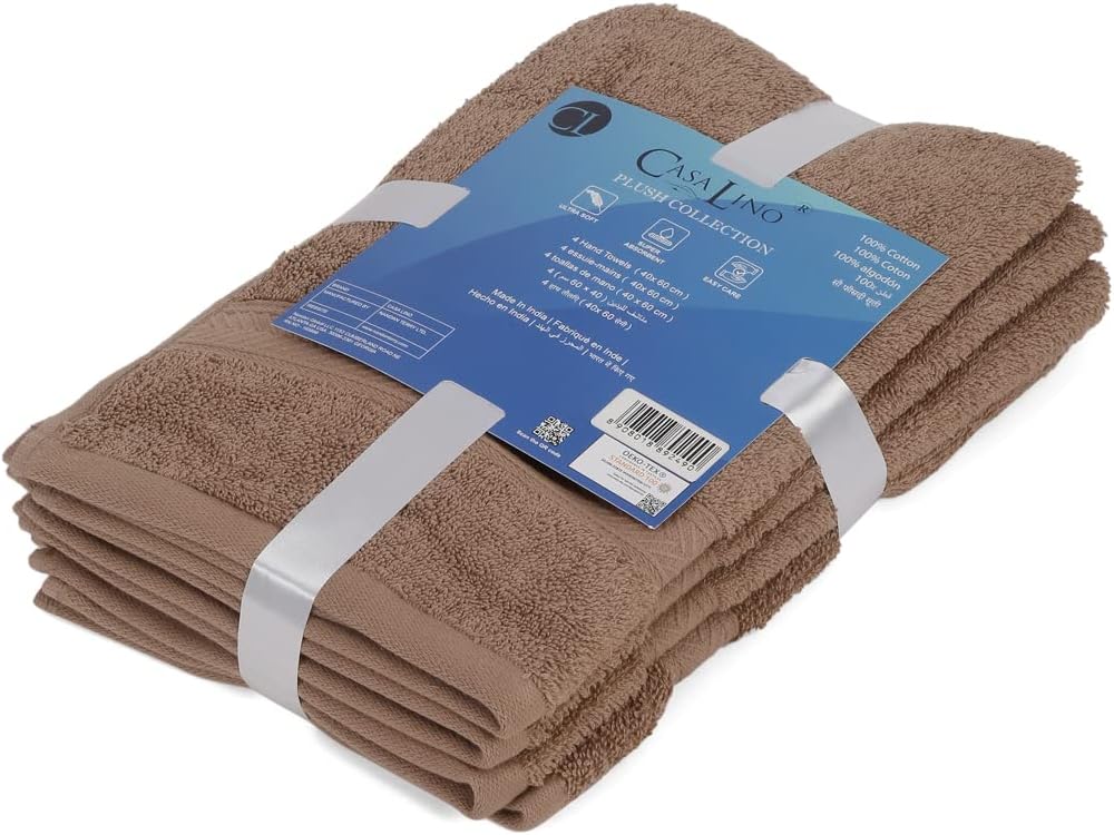 Casa Lino 100% Cotton Hand Towels for Bathroom - Soft, Highly Absorbent & Quick Dry Kitchen Towels - Gym Towel Set - Travel Towel Set - 24" x 16" - Pack of 4 - (Brown)