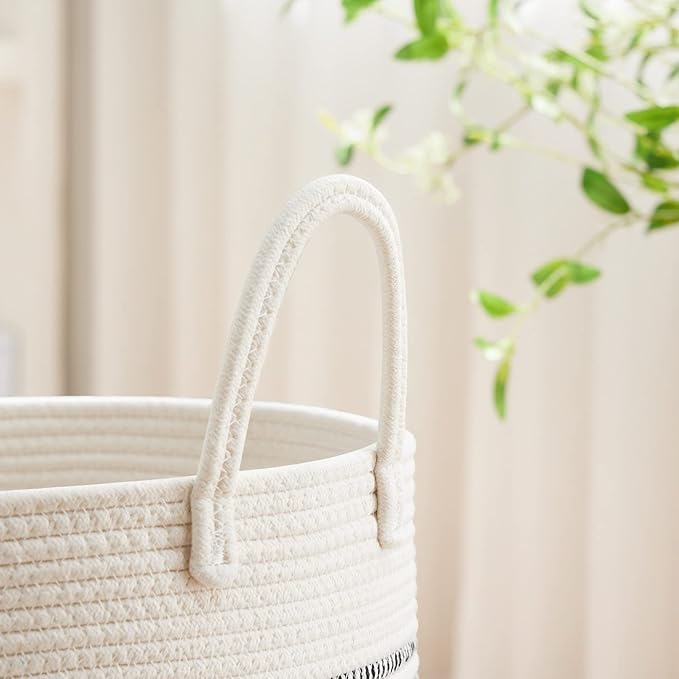 VIPOSCO Large Laundry Hamper, Tall Woven Rope Storage Basket for Blanket, Toys, Dirty Clothes in Living Room, Bathroom, Bedroom - 100L Stripe White