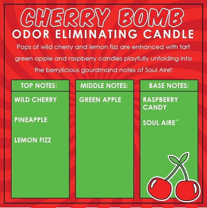 Cherry Bomb Two Pack Odor Eliminating Highly Fragranced Candle - Eliminates 95% of Pet, Smoke, Food, and Other Smells Quickly - Up to 80 Hour Burn time - 12 Ounce Premium Soy Blend