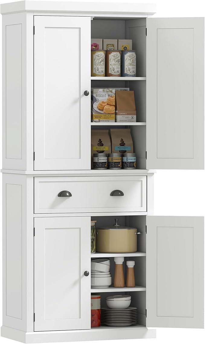 HOMCOM 72.5" Kitchen Pantry Cabinet, Traditional Freestanding Storage Cabinet with 4 Doors, Drawer and 3 Adjustable Shelves for Dining Room, White