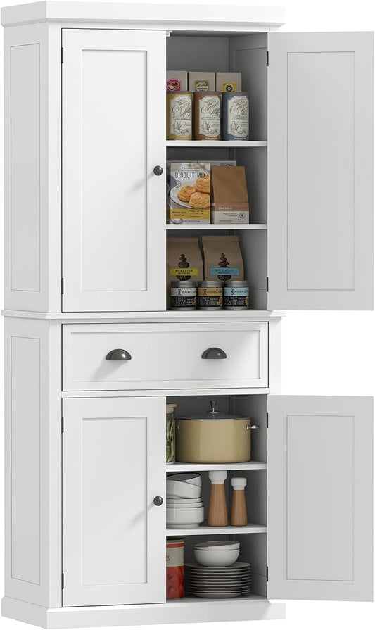HOMCOM 72.5" Kitchen Pantry Cabinet, Traditional Freestanding Storage Cabinet with 4 Doors, Drawer and 3 Adjustable Shelves for Dining Room, White