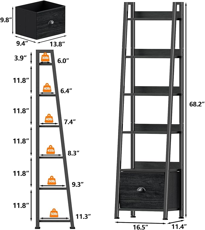 Furologee 6 Tier Ladder Shelf,Ladder Bookshelf with Drawer,Industrial Tall Bookcase,Storage Rack Organizer,Wood Metal Freestanding Shelves for Living Room, Home Office, Bedroom,Black Oak