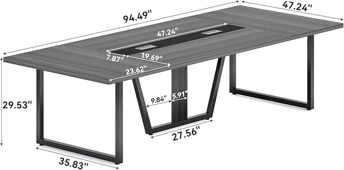 LITTLE TREE 8FT Conference Table for 10 People, Large Meeting Table, Modern Wooden Conference Room Tables with Cable Management, Business Style Training Tables with Strong Metal Legs for Office, Grey