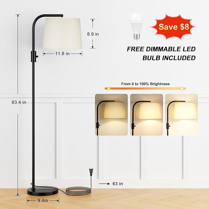 Ambimall 𝐅𝐮𝐥𝐥𝐲 𝐃𝐢𝐦𝐦𝐚𝐛𝐥𝐞 Floor Lamp - Floor Lamps 9W 𝐋𝐄𝐃 Light Bulb Included, Standing Lamps for Living Room with Adjust Head, Modern Standing Tall Light Rotary Switch for Office