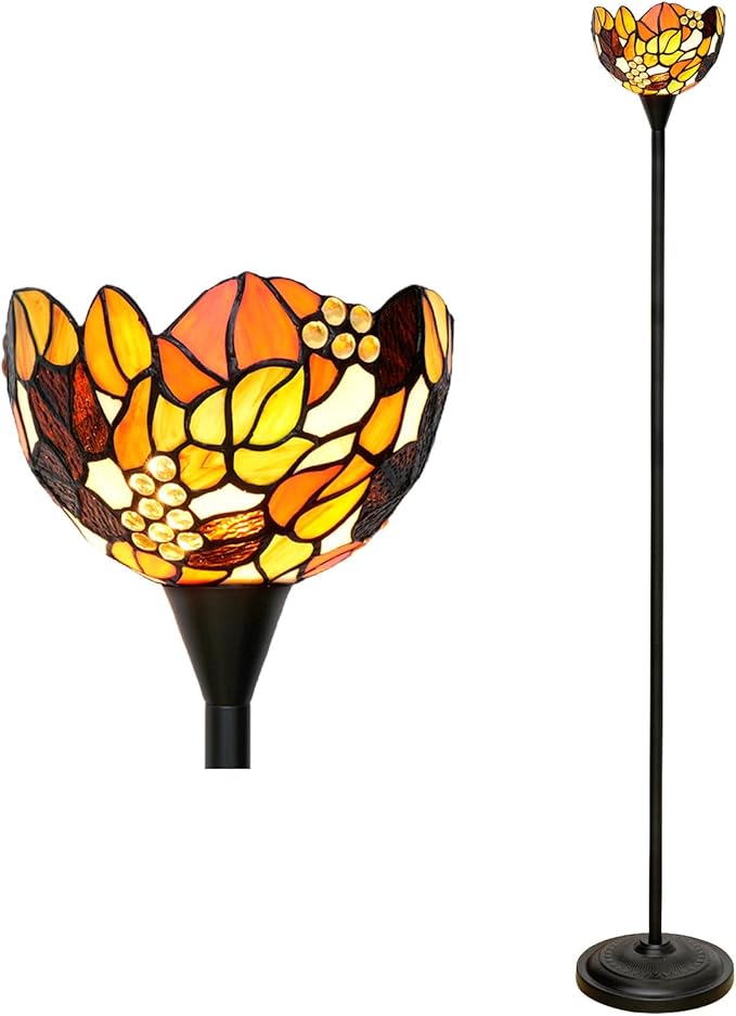 Tiffany Floor Lamp Tochiere Standing Lamp Yellow Grapes Style Stained Glass Floor Light Vintage Tall Pole Uplight Rustic Corner Lamp with Foot Switch for Home Decor Living Room Bedroom