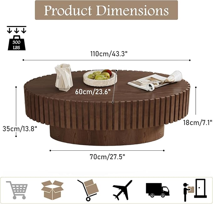 Fluted Coffee Table 43.3" Oval Wood Coffee Tables Modern Handcraft Drum Coffee Table with Solid Wood Relief Sturdy Pedestal Accent Table for Living Room Home Office (Dark Brown)