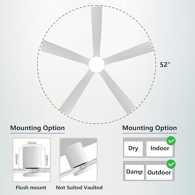 ELEHINSER 52 inch Low Profile Ceiling Fan with Light, 5 Solid Wood Blades, 6-Speeds, Quiet DC Motor, Timer, Flush Mount Modern Ceiling Fan with Remote for Living Room Bedroom, White