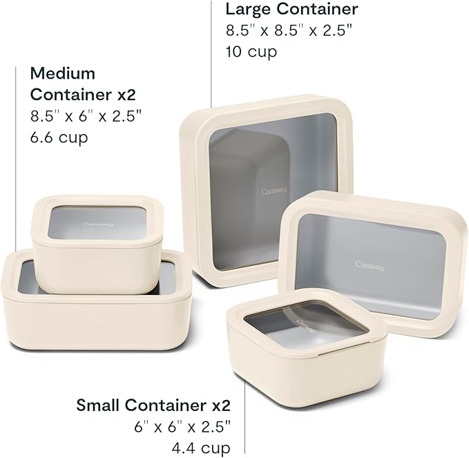 Caraway 13pc Glass Food Storage Container Set - Easy to Store, Non Toxic Lunch Box - with Glass Lids - Includes Storage Organizer - Cream