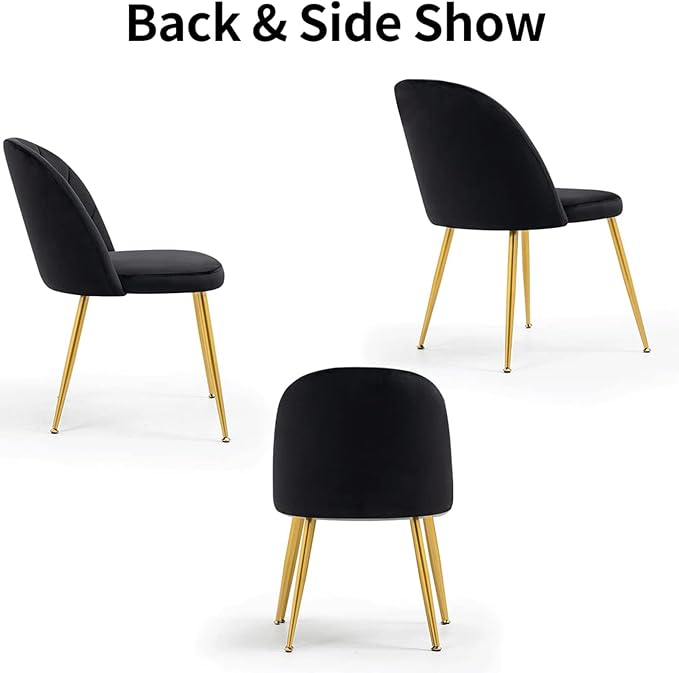 Velvet Dining Chairs Set of 6, Upholstered Mid Century Modern Dining Room Chairs, Armless Accent Chair with Metal Gold Legs for Living Room, Kitchen, Dining, Black