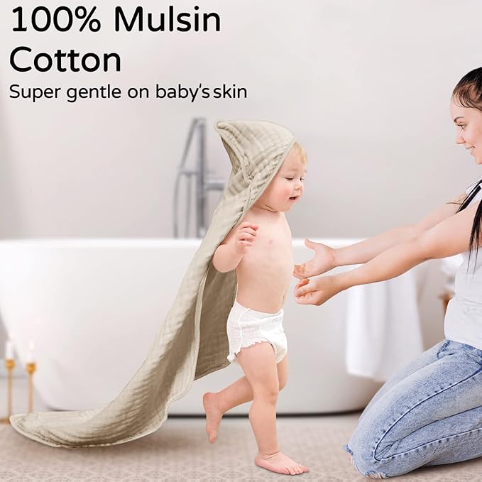 Yoofoss Hooded Baby Towels for Newborn 2 Pack 100% Muslin Organic Cotton Baby Bath Towel with Hood for Babies, Infant, Toddler and Kids, 32x32Inch, Soft and Absorbent Newborn Essential,Bge& Bean Paste