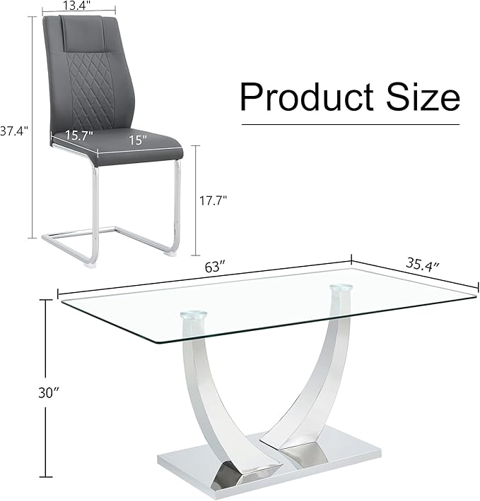 AZmac 63” Glass Dining Room Table Set for 6, Modern Kitchen Table and Chairs Set of 6, Dining Sets with Rectangular Tempered Glass and Sturdy Silver Chrome Base, for Kitchen Home