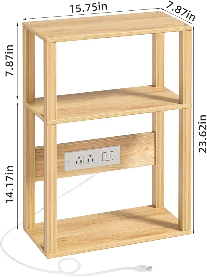 3-Tier Small Narrow Bamboo Side Table with Charging Station, Skinny Nightstand for Small Space, Slim Bedside Table with Storage for Couch, Wooden Thin End Table with USB Ports and Outlets, Natural