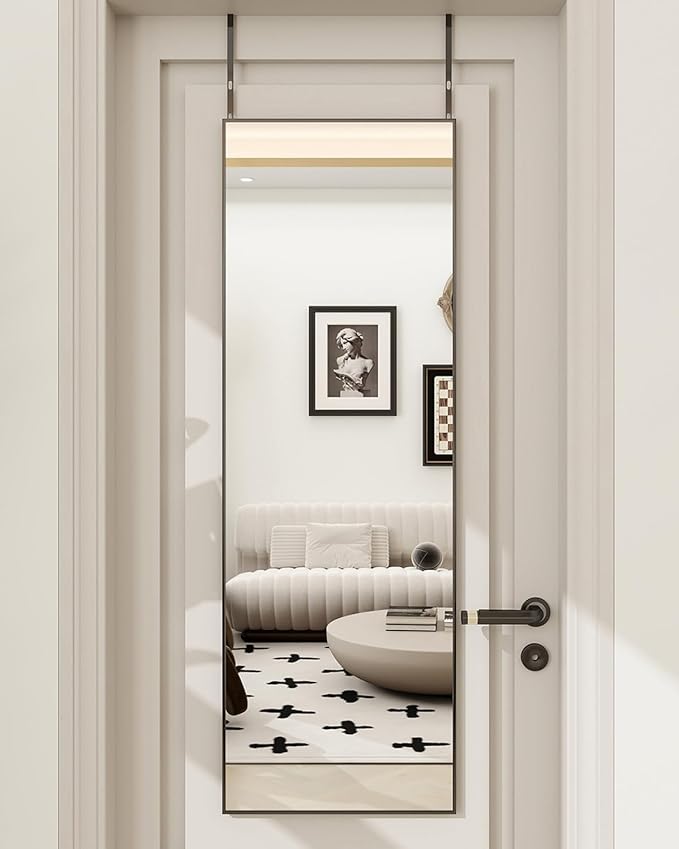 BEAUTYPEAK 14" x 48" Adjustable Height Over The Door Mirror, Rectangular Full Length Hanging Door Mirror with Shatterproof Tempered Glass Aluminum Alloy Frame for Dormitory, Black