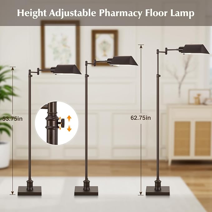 GyroVu Traditional Height Adjustable Pharmacy Floor Lamp with 350° Swing Arm, Color Temperature Adjustable Standing Lamp Metal Shade for Living Room Reading House Bedroom Home Office(Bronze)