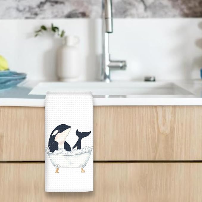 Funny Killer Whale Kids Bathroom Hand Towels, Sea Life Nautical Ocean Animal Decor for Bathrooms, Fun Killer Whale Taking Bath Hand Towels for Bathroom Washroom, 16x24In